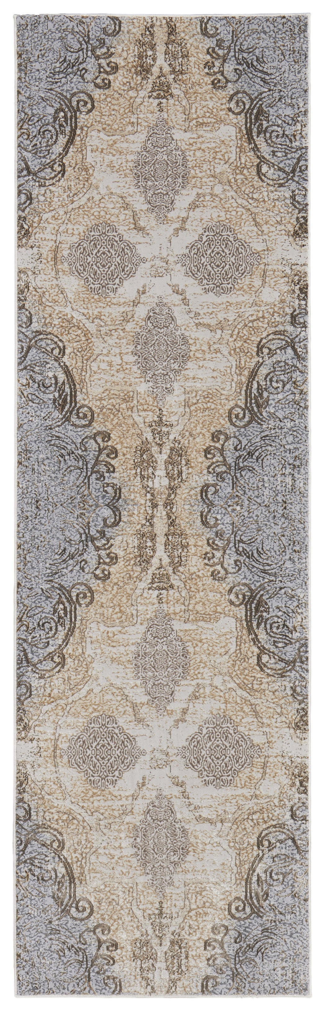 8' Gray and Brown Medallion Power Loom Distressed Runner Rug