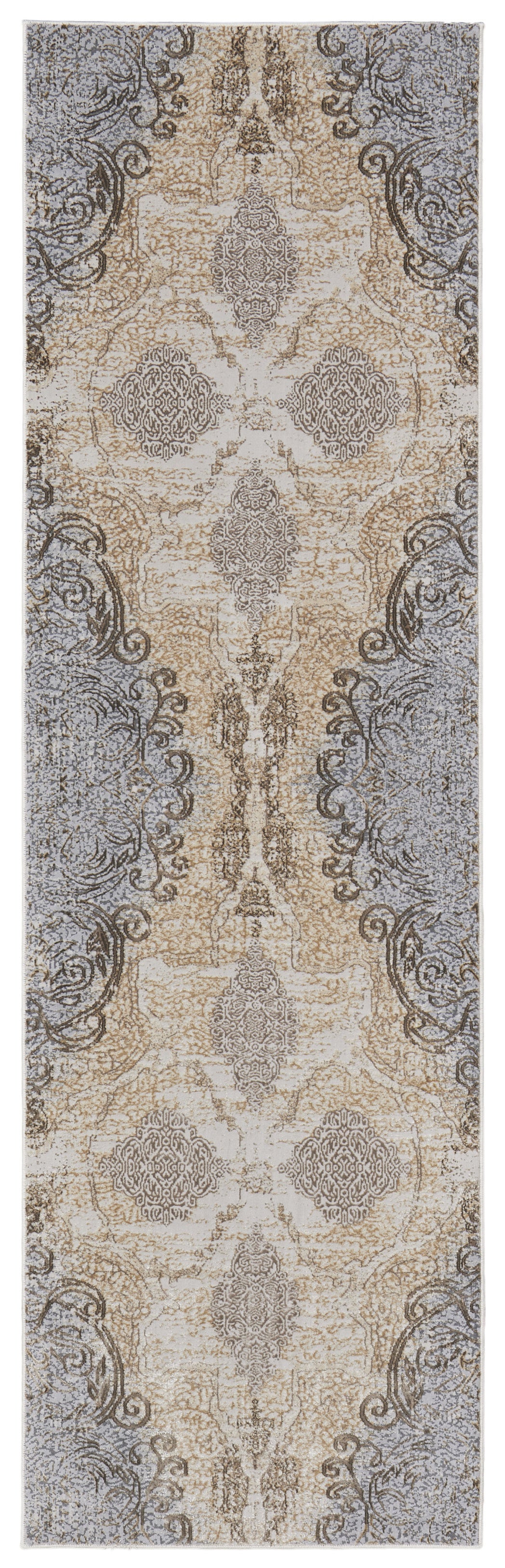 8' Gray and Brown Medallion Power Loom Distressed Runner Rug