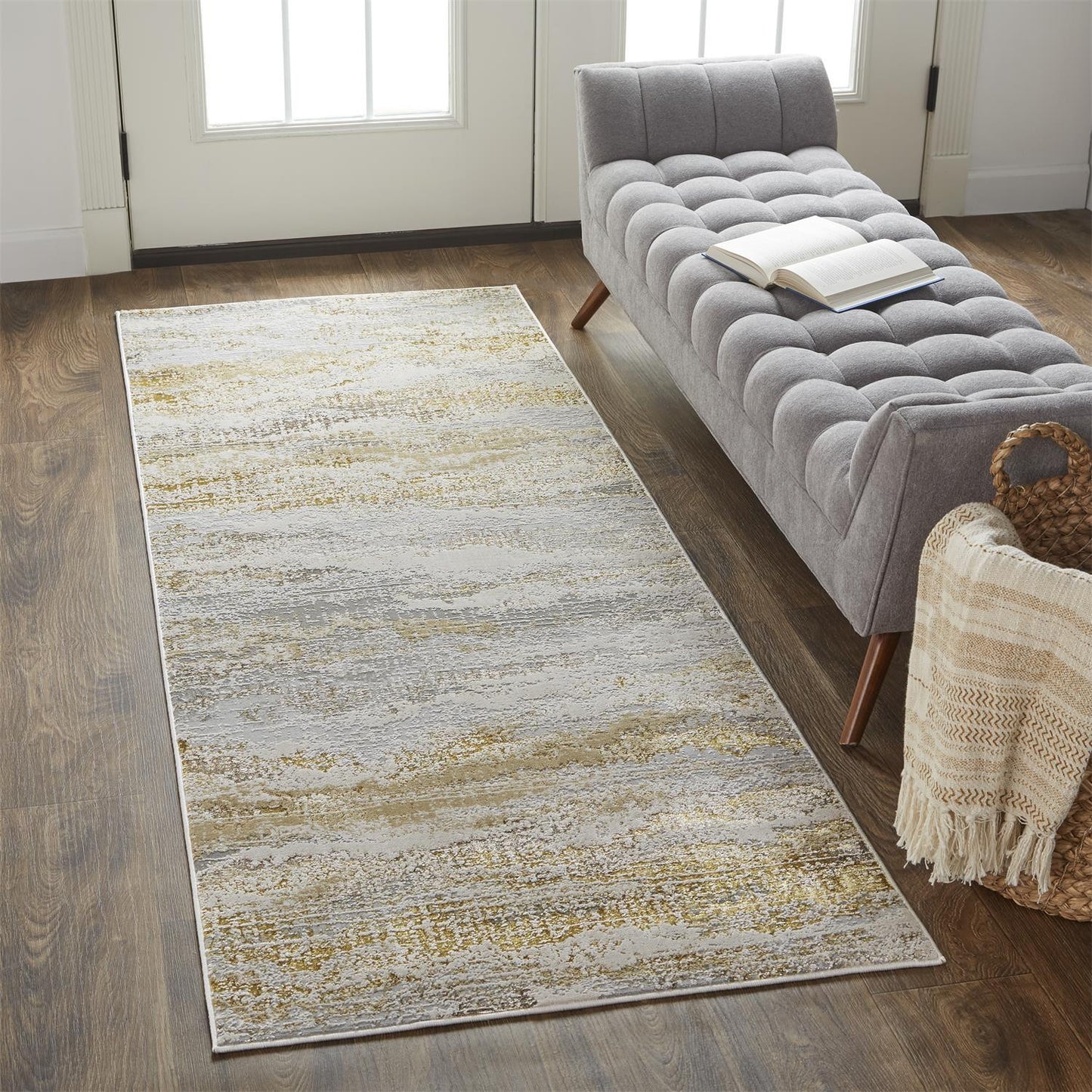 8' Gray and Ivory Abstract Power Loom Runner Rug