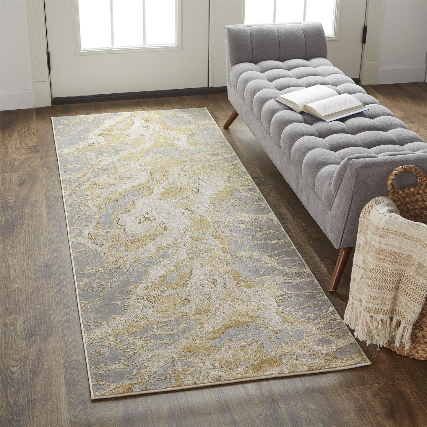 8' Gold and Ivory Marble Power Loom Runner Rug