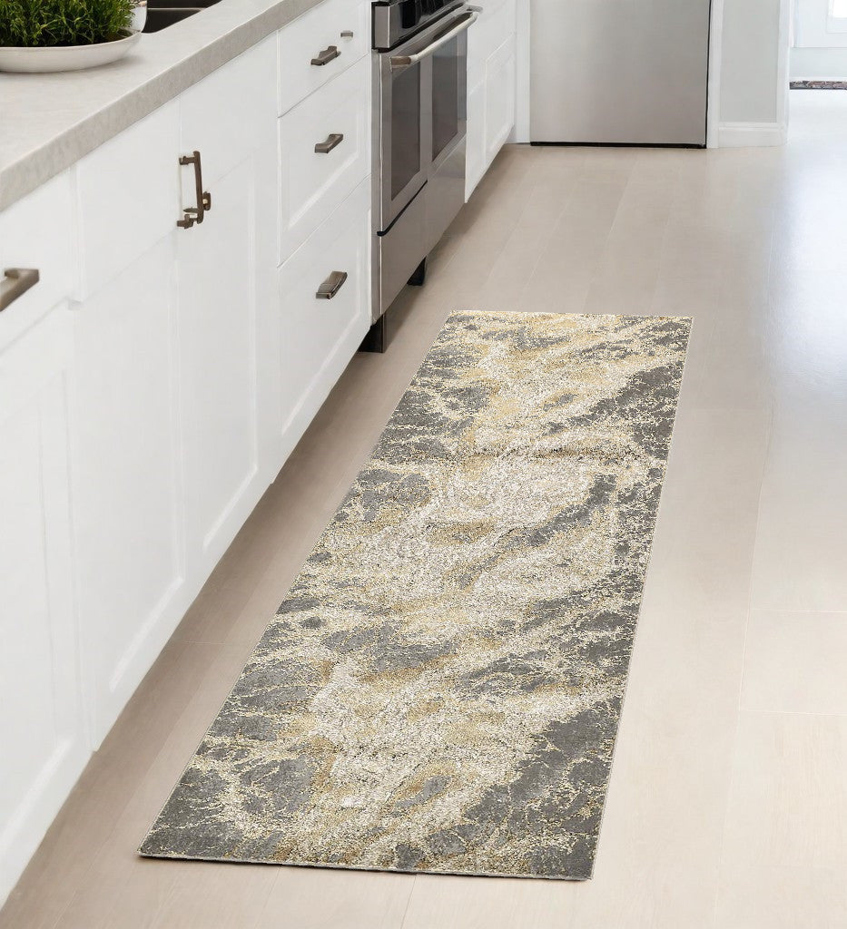 8' Gold and Ivory Marble Power Loom Runner Rug