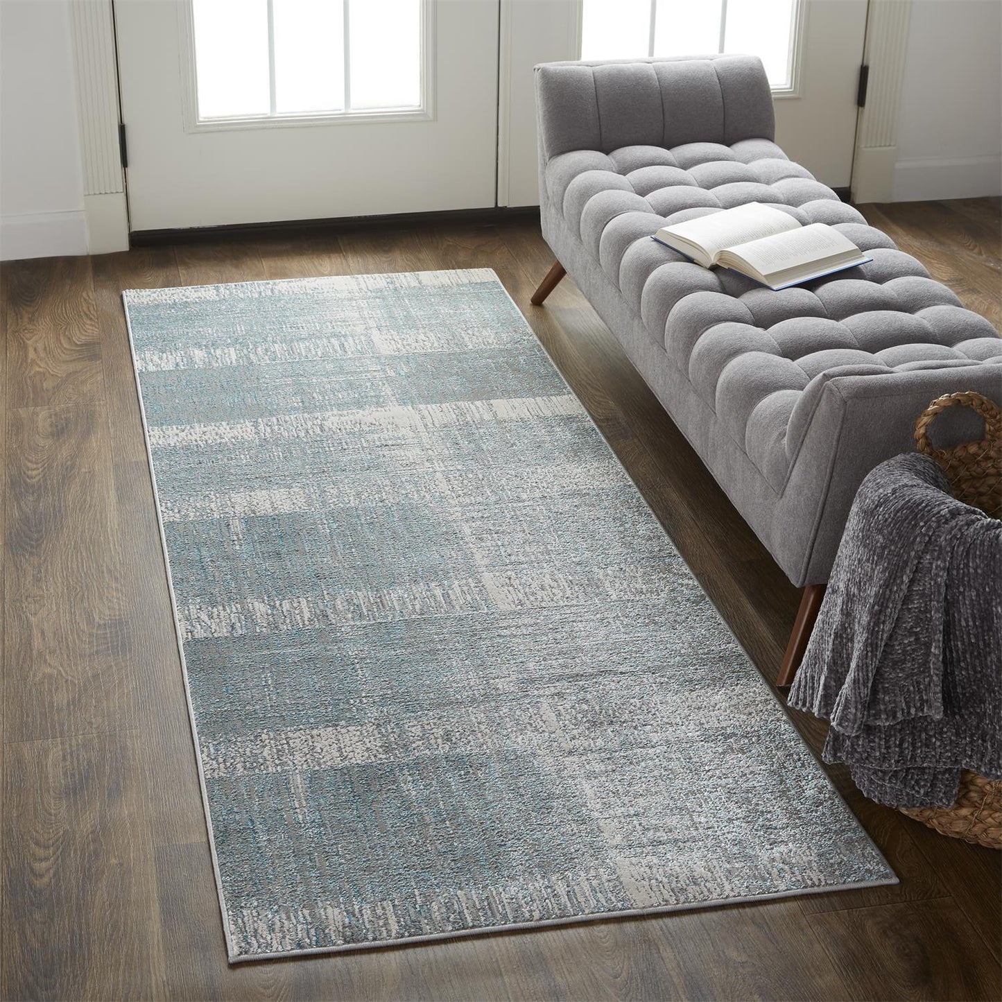 8' Blue and Gray Abstract Power Loom Runner Rug