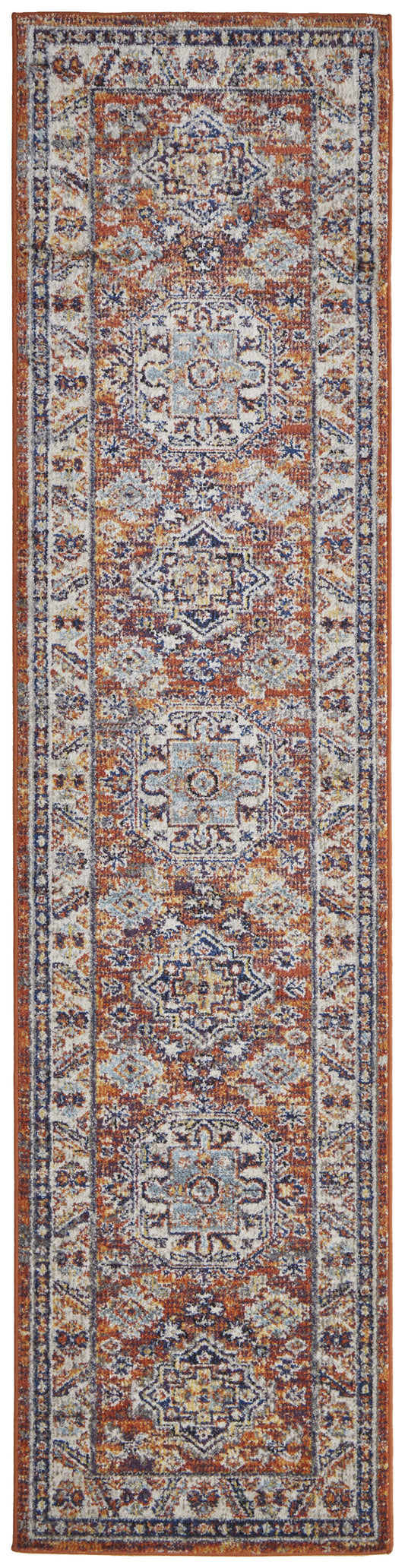 8' Ivory Blue and Orange Medallion Runner Rug