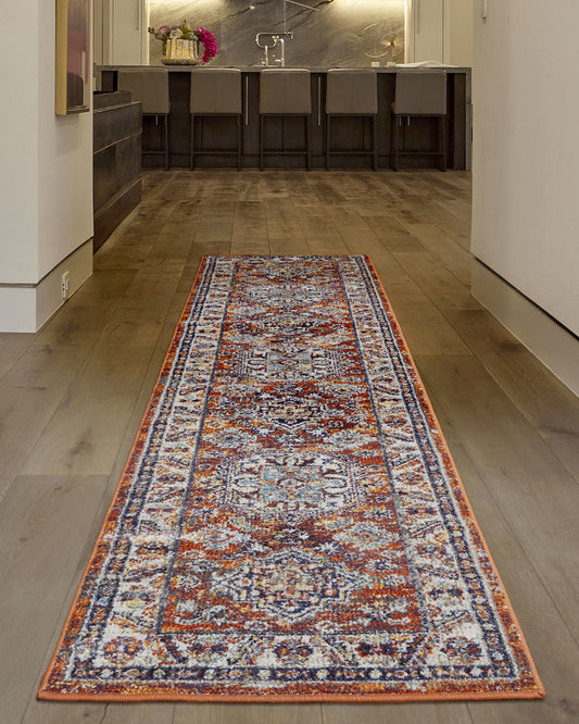 8' Ivory Blue and Orange Medallion Runner Rug