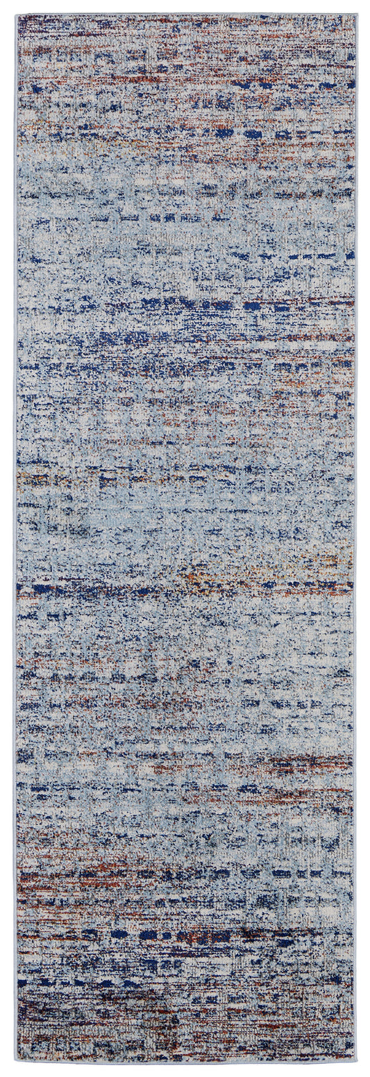 8' Ivory Blue and Orange Abstract Power Loom Runner Rug