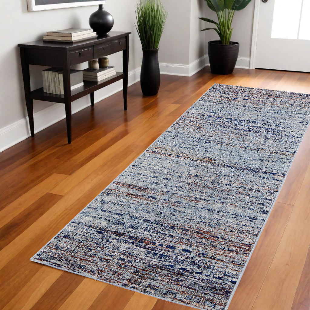 8' Ivory Blue and Orange Abstract Power Loom Runner Rug