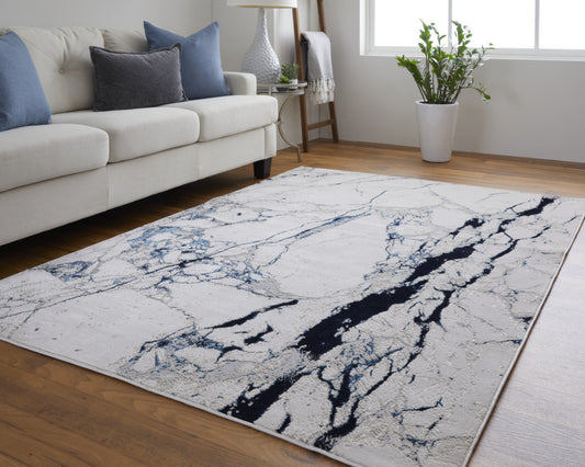 12' x 15' Ivory and Blue Marble Power Loom Distressed Area Rug