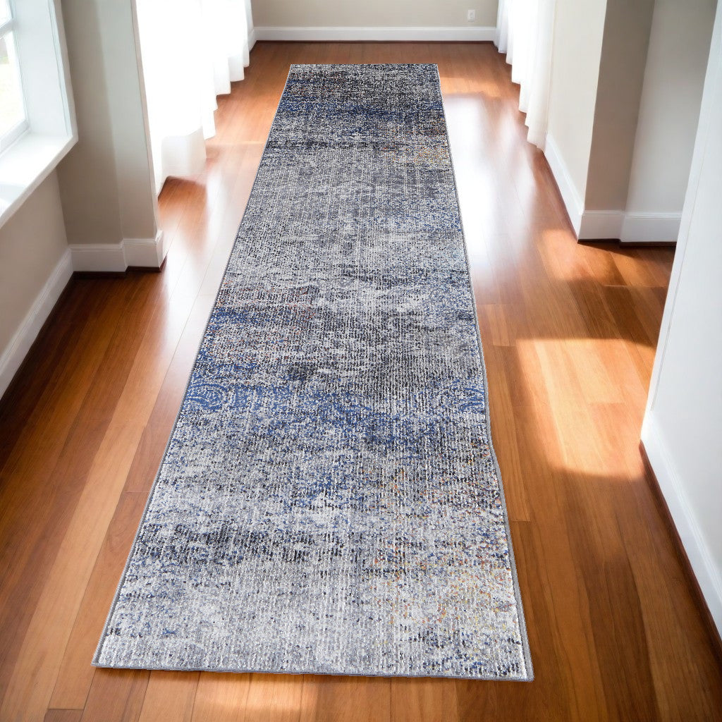 10' Blue and Ivory Abstract Power Loom Distressed Runner Rug