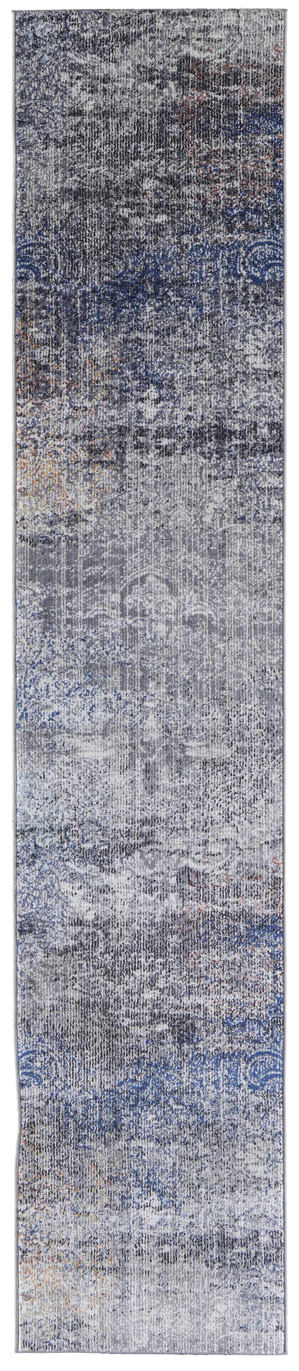 10' Blue and Ivory Abstract Power Loom Distressed Runner Rug