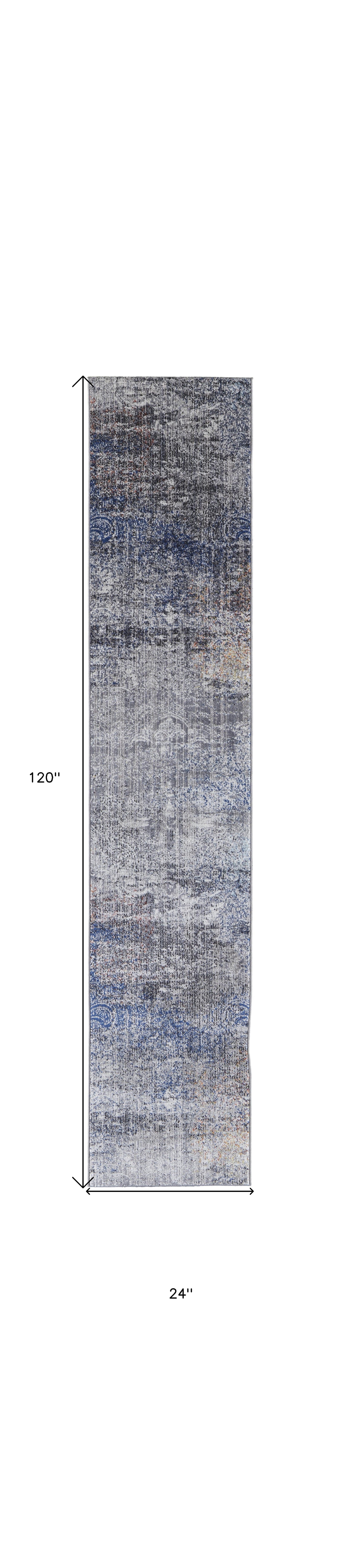 10' Blue and Ivory Abstract Power Loom Distressed Runner Rug