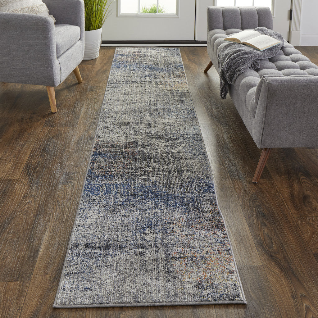 10' Blue and Ivory Abstract Power Loom Distressed Runner Rug