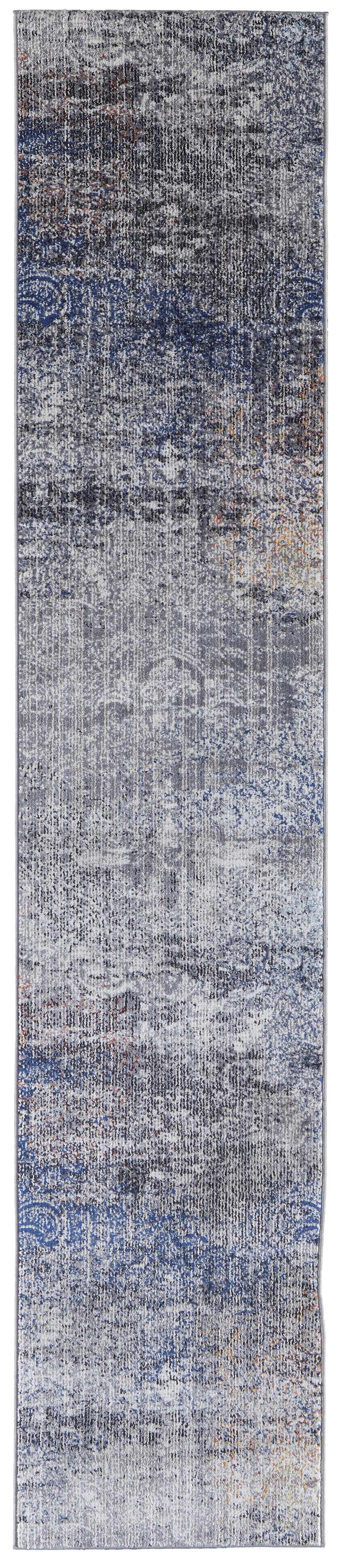 10' Blue and Ivory Abstract Power Loom Distressed Runner Rug