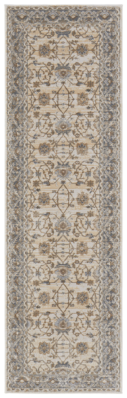 8' Brown and Ivory Oriental Power Loom Distressed Runner Rug