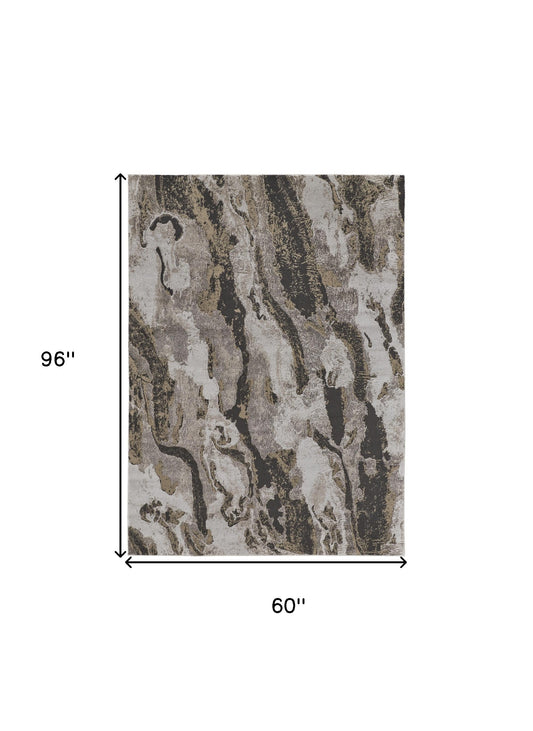 5' x 8' Brown and Ivory Abstract Power Loom Distressed Area Rug