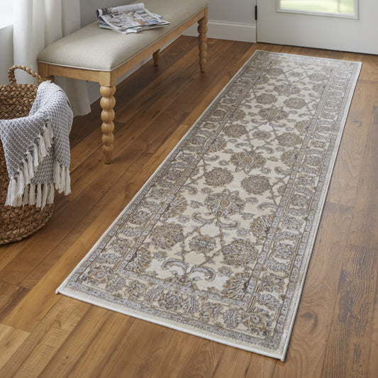 8' Brown and Ivory Oriental Power Loom Distressed Runner Rug