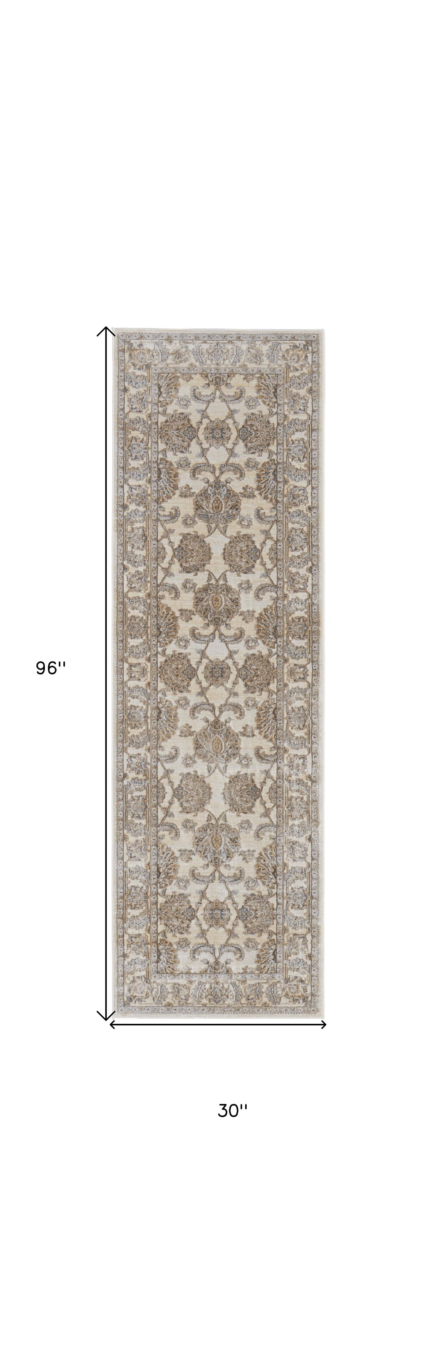 8' Brown and Ivory Oriental Power Loom Distressed Runner Rug