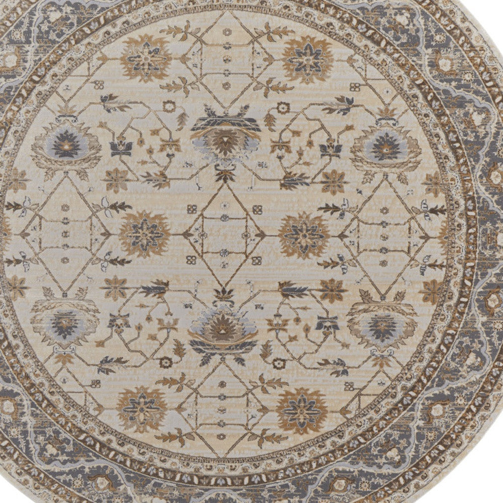 8' Brown and Ivory Round Oriental Power Loom Distressed Area Rug
