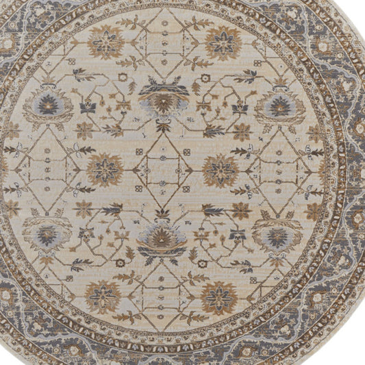 8' Brown and Ivory Round Oriental Power Loom Distressed Area Rug