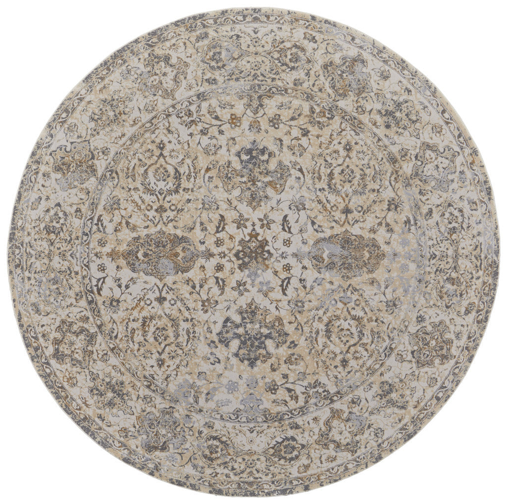 8' Brown and Ivory Round Oriental Power Loom Distressed Area Rug