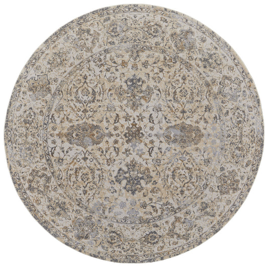 8' Brown and Ivory Round Oriental Power Loom Distressed Area Rug
