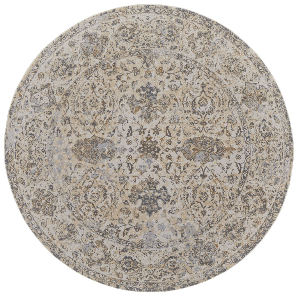 8' Brown and Ivory Round Oriental Power Loom Distressed Area Rug