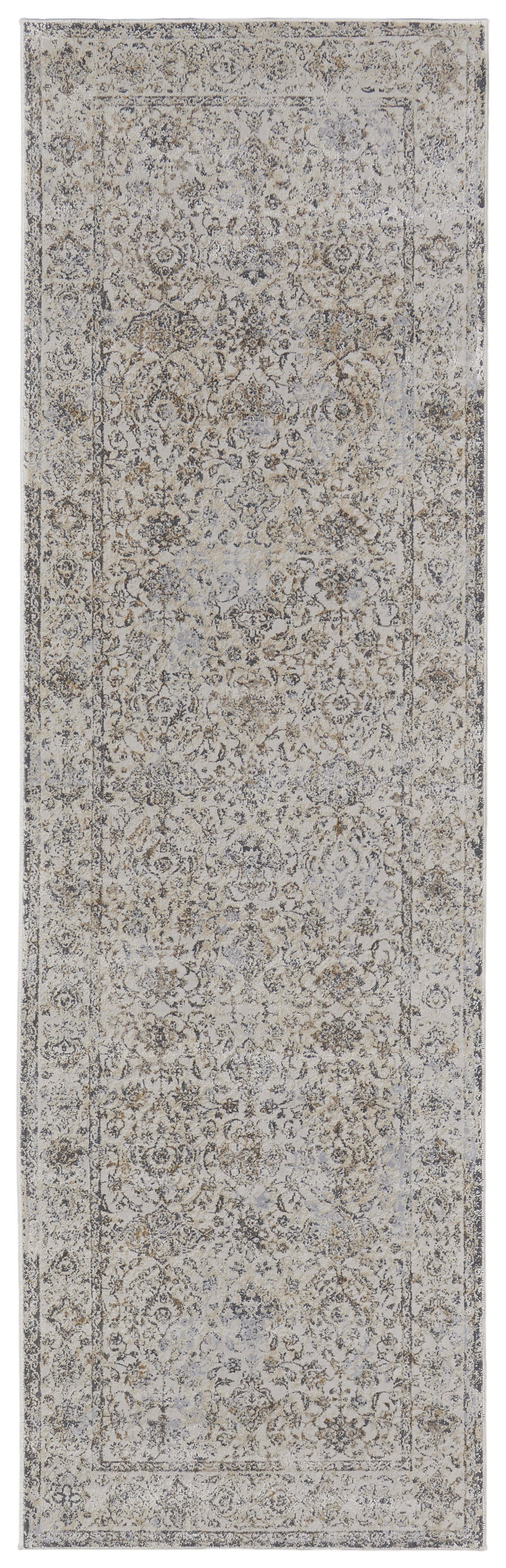 8' Brown and Ivory Oriental Power Loom Distressed Runner Rug