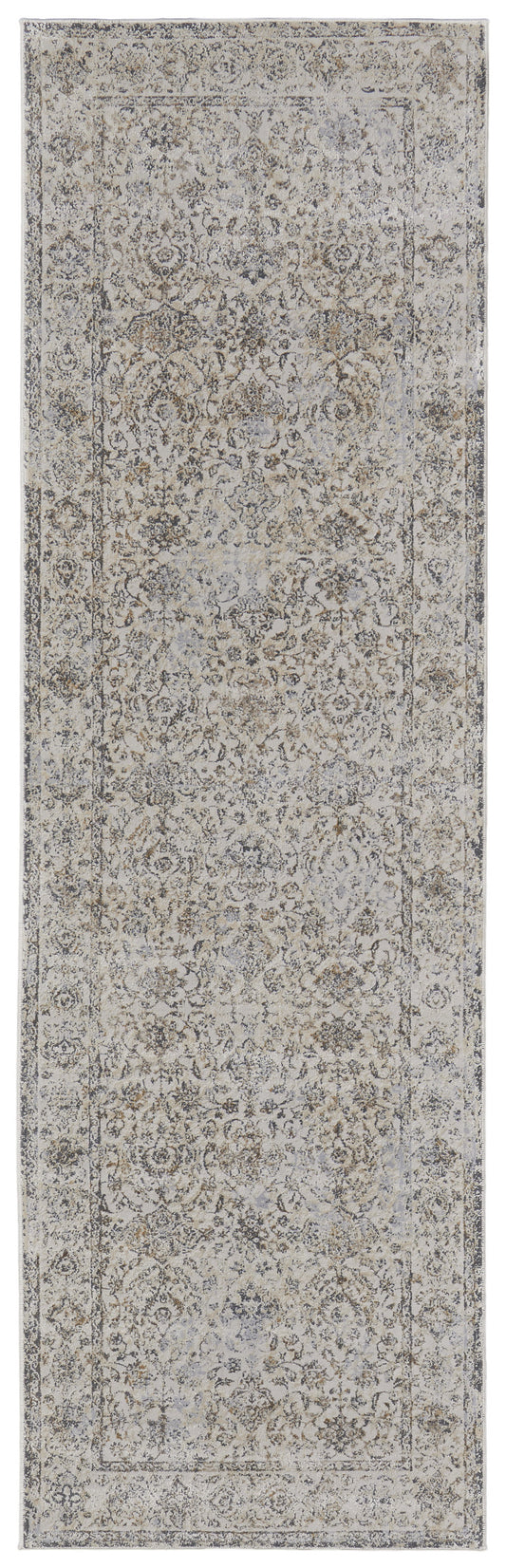 8' Brown and Ivory Oriental Power Loom Distressed Runner Rug