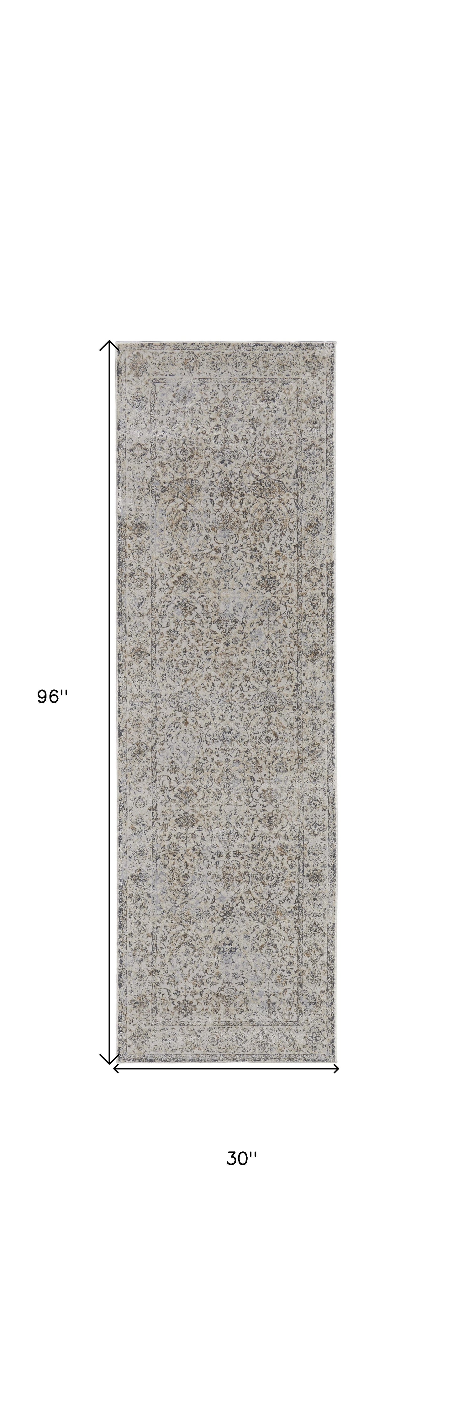 8' Brown and Ivory Oriental Power Loom Distressed Runner Rug
