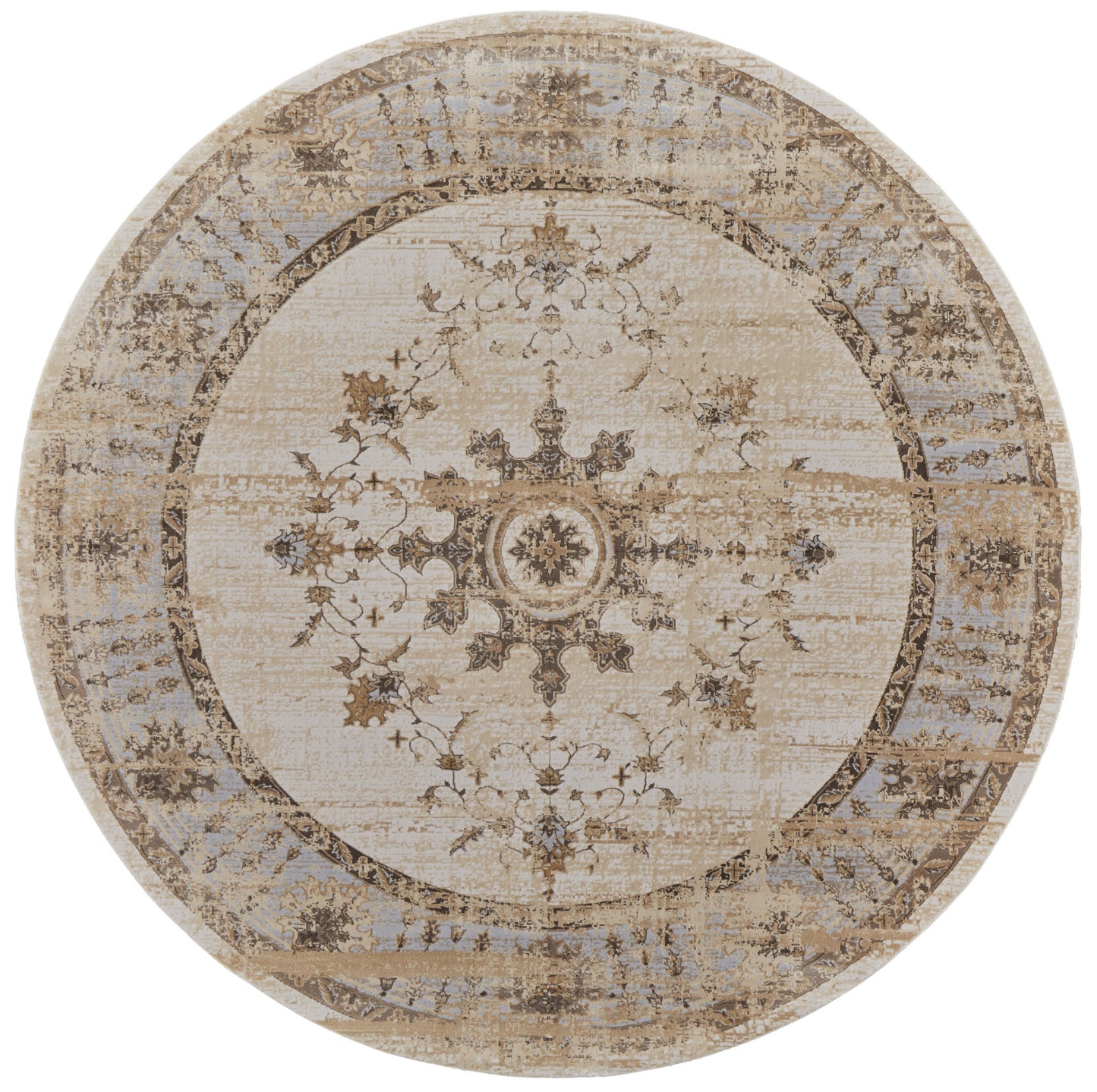 8' Brown and Ivory Round Oriental Power Loom Distressed Area Rug