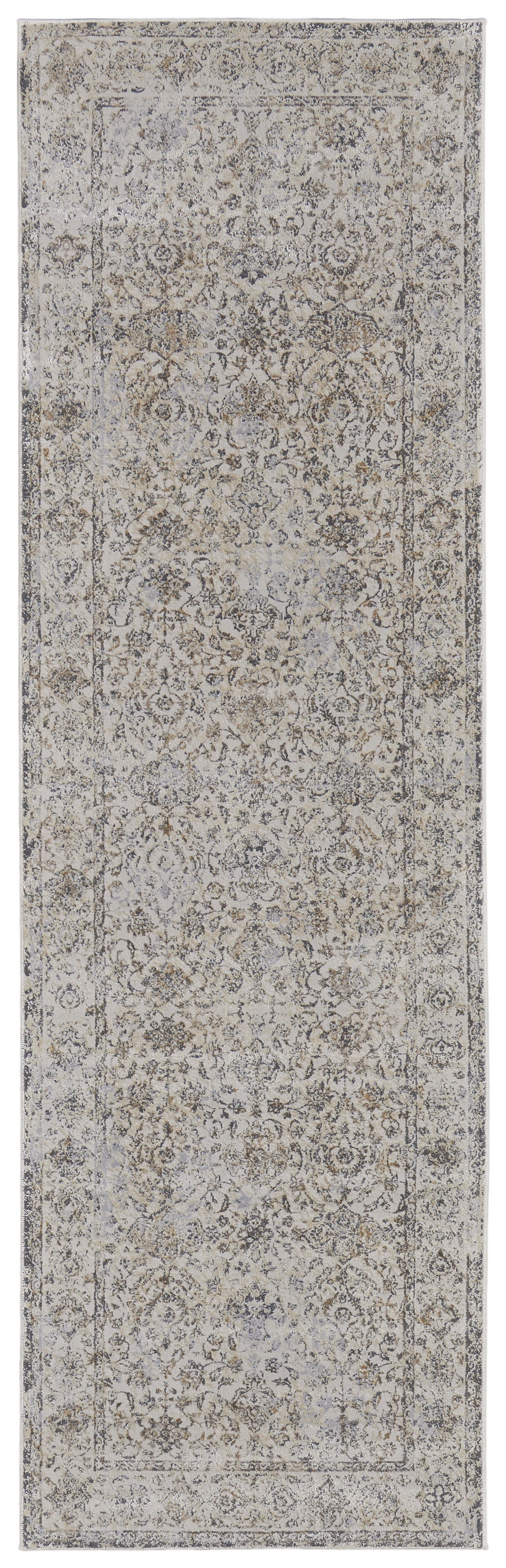 8' Brown and Ivory Oriental Power Loom Distressed Runner Rug