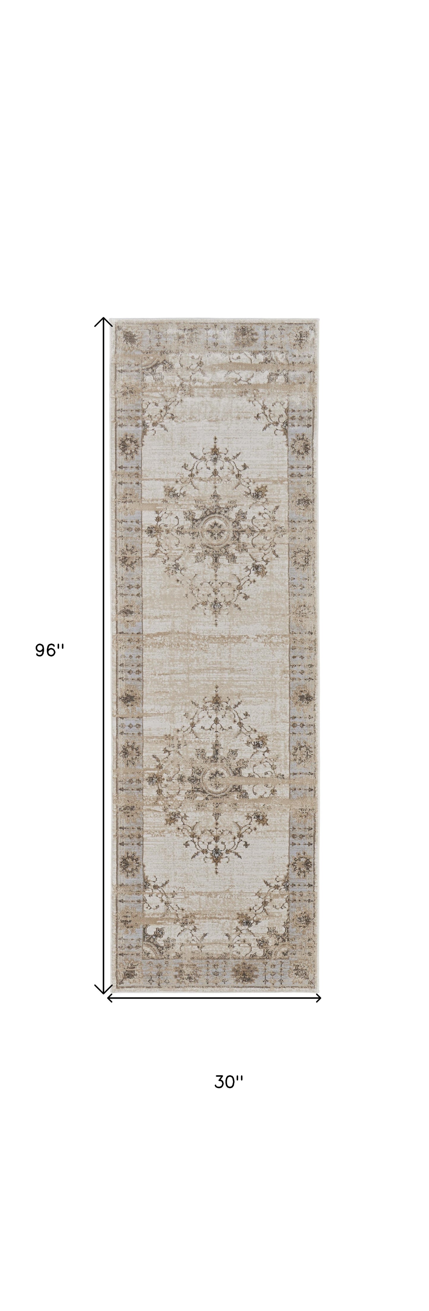 8' Brown and Ivory Oriental Power Loom Distressed Runner Rug