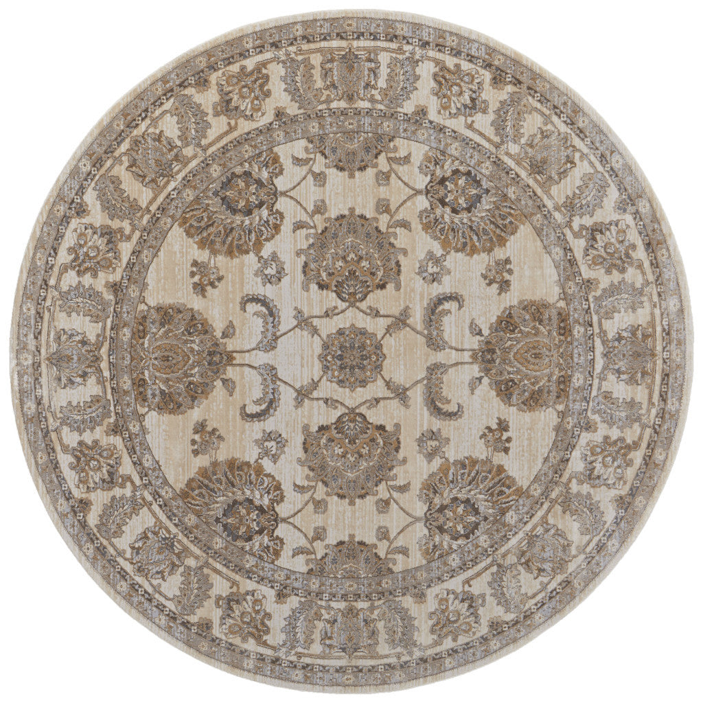 8' Brown and Ivory Round Oriental Power Loom Distressed Area Rug