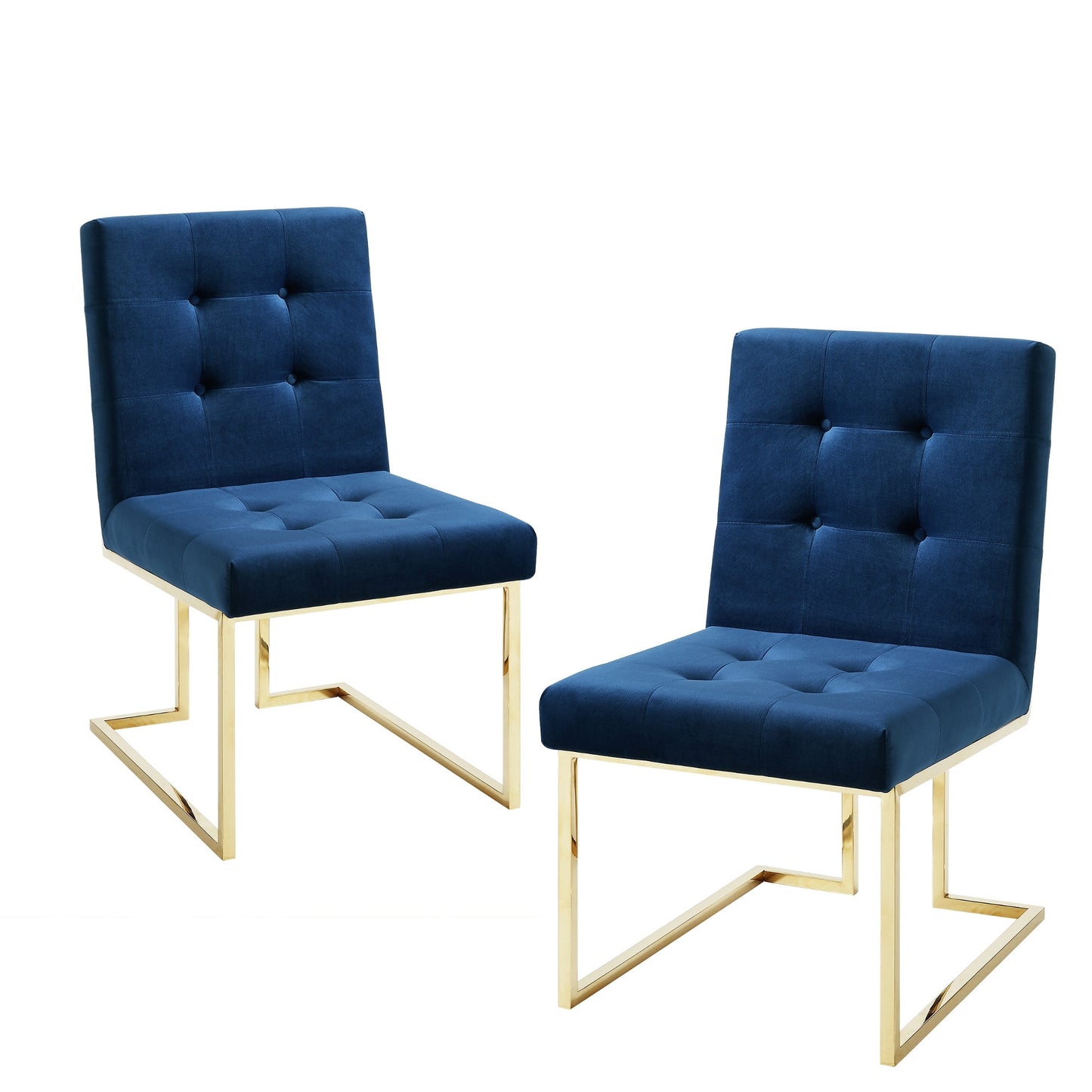 Set of Two Tufted Navy Blue And Gold Upholstered Velvet Dining Side Chairs