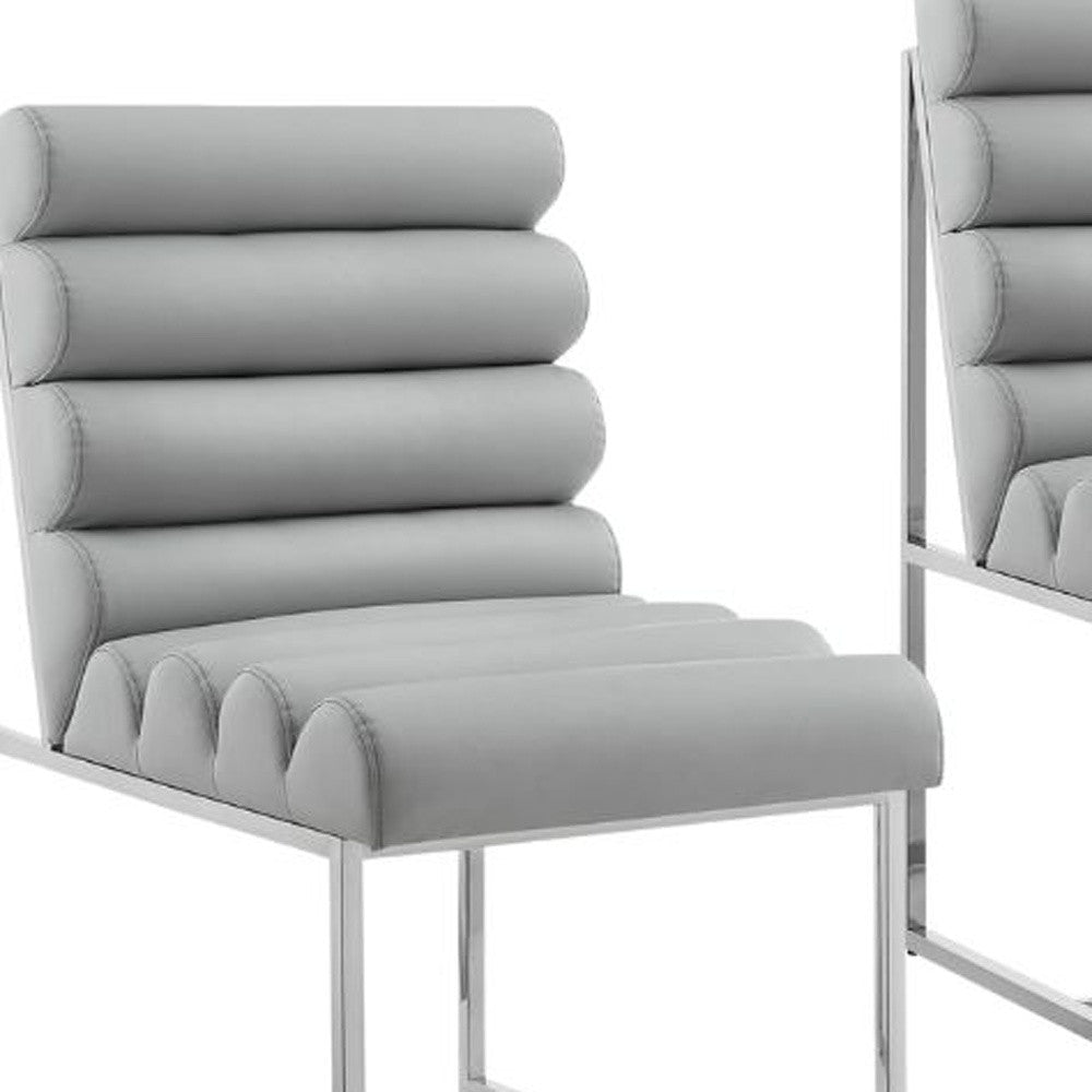 Set of Two Tufted Gray And Silver Metallic Upholstered Faux Leather Dining Side Chairs