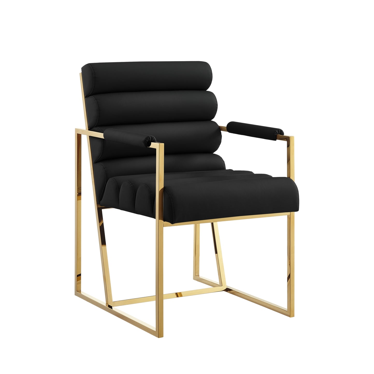 Set of Two Tufted Black And Gold Upholstered Faux Leather Dining Arm Chairs