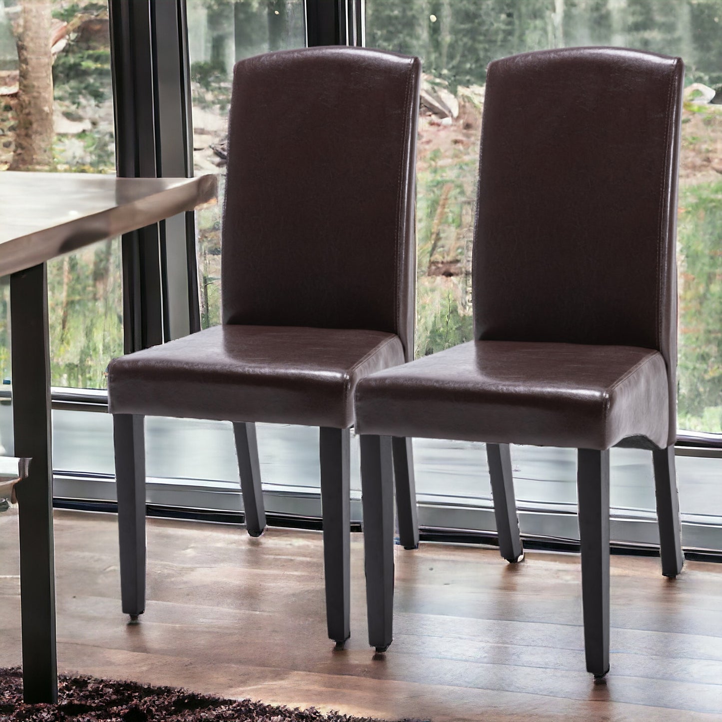 Set of Two Brown And Black Upholstered Faux Leather Dining Parsons Chairs