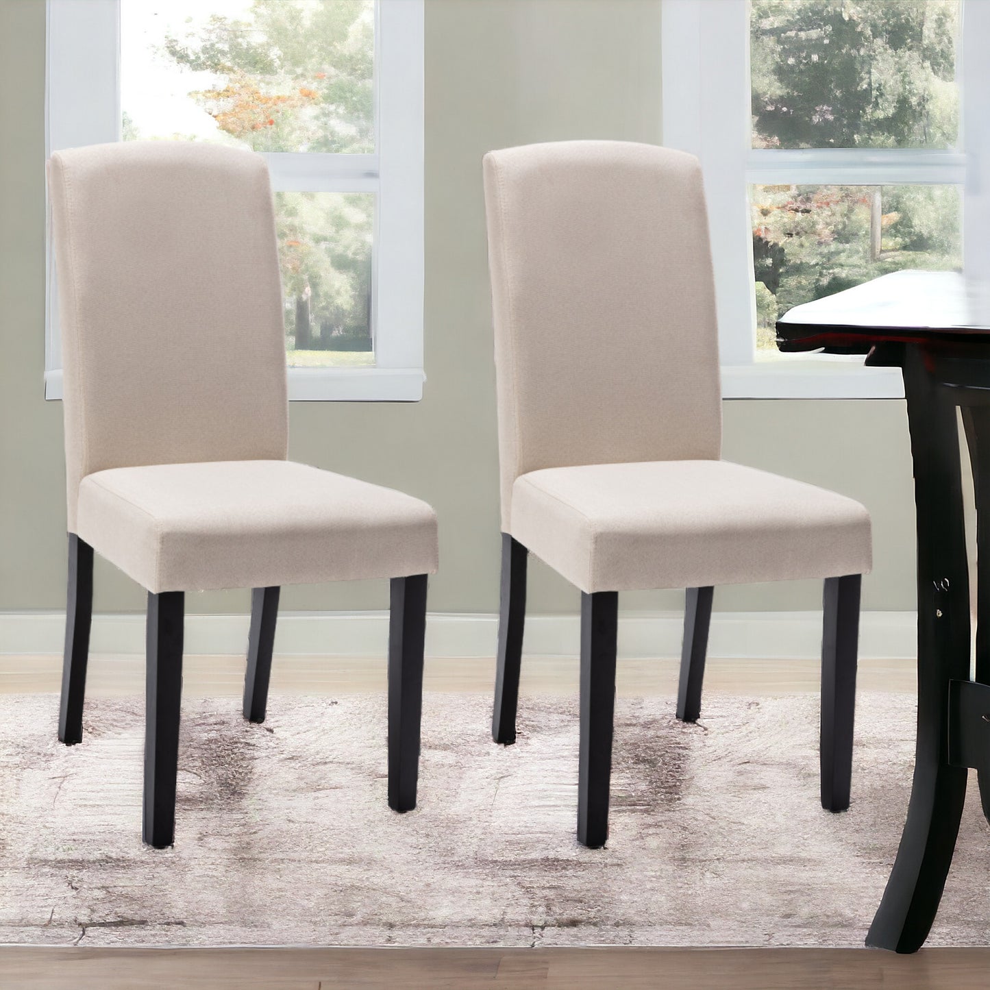 Set of Two Beige And Black Upholstered Polyester Dining Parsons Chairs