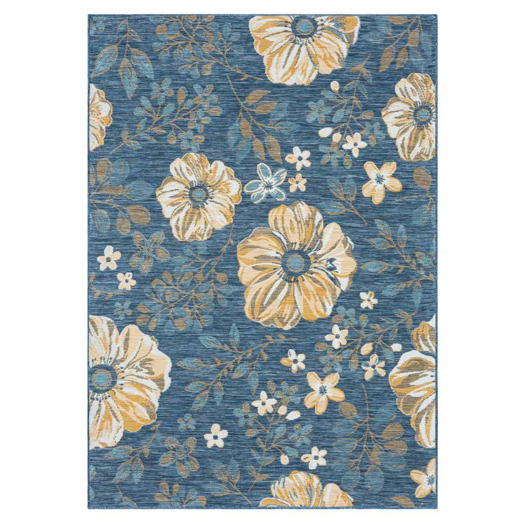 8' x 10' Blue White and Yellow Floral Stain Resistant Indoor Outdoor Area Rug