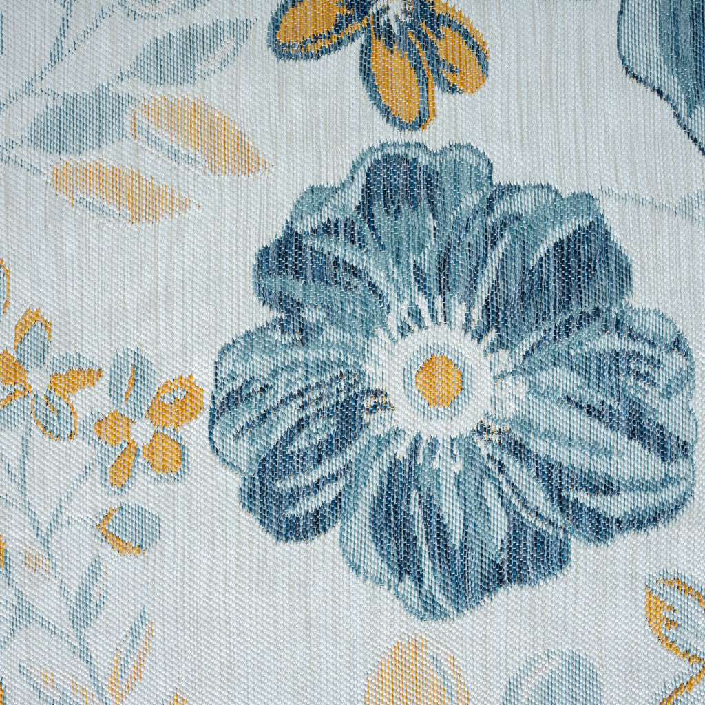 8' x 10' Blue White and Yellow Floral Stain Resistant Indoor Outdoor Area Rug