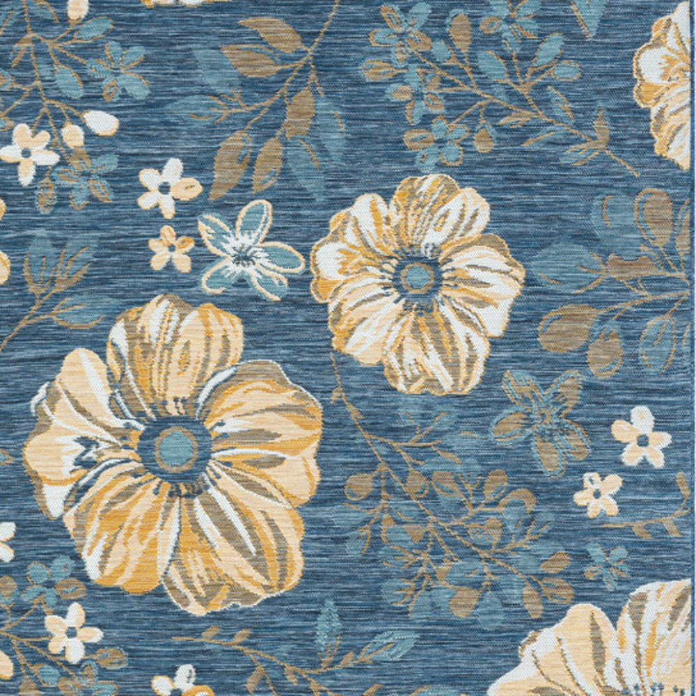 8' x 10' Blue White and Yellow Floral Stain Resistant Indoor Outdoor Area Rug