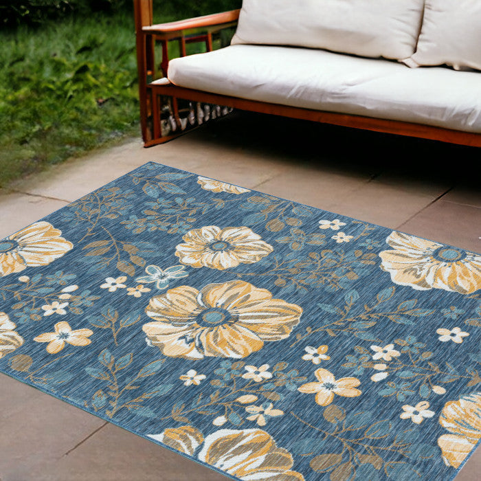 8' x 10' Blue White and Yellow Floral Stain Resistant Indoor Outdoor Area Rug