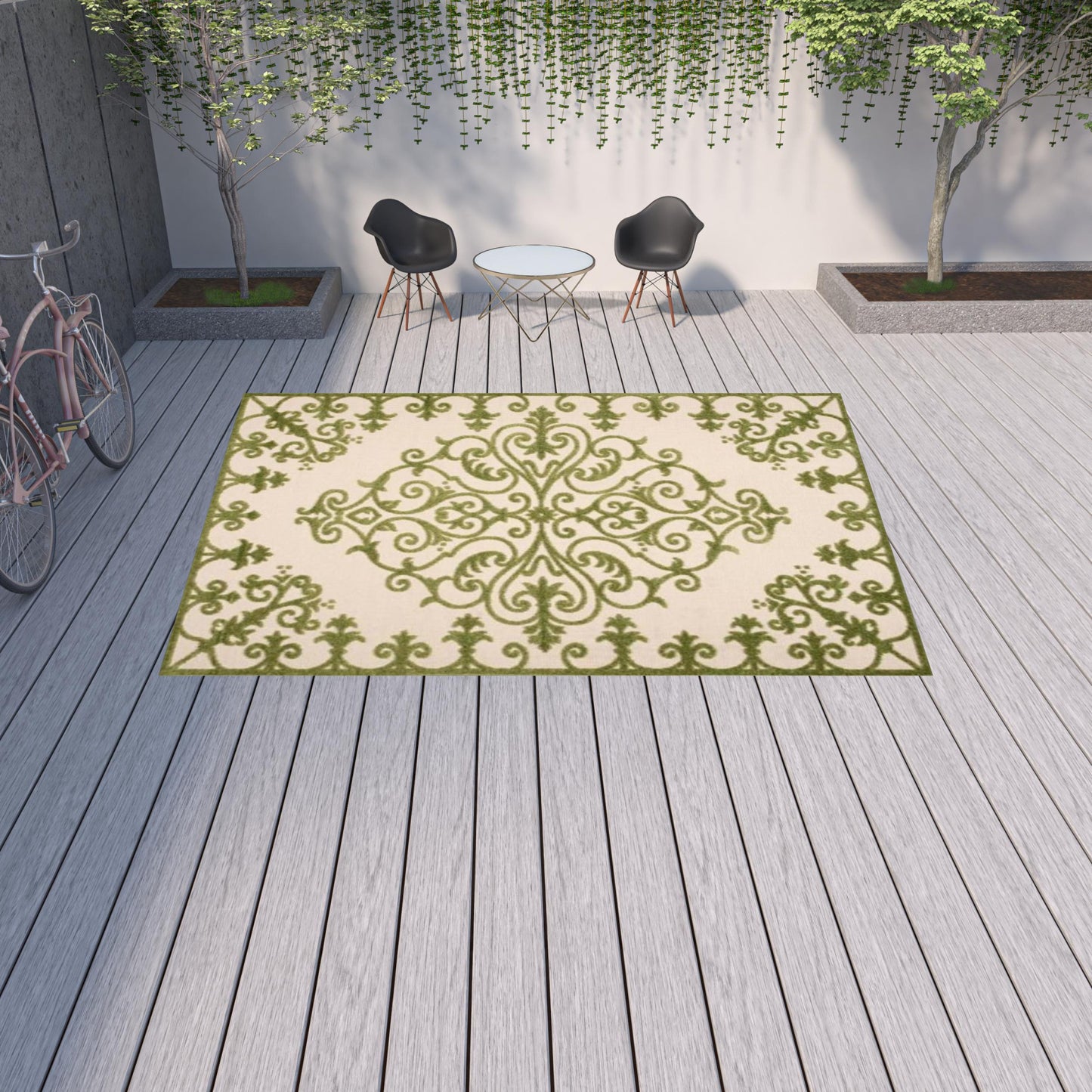 10' X 13' Green Damask Non Skid Indoor Outdoor Area Rug