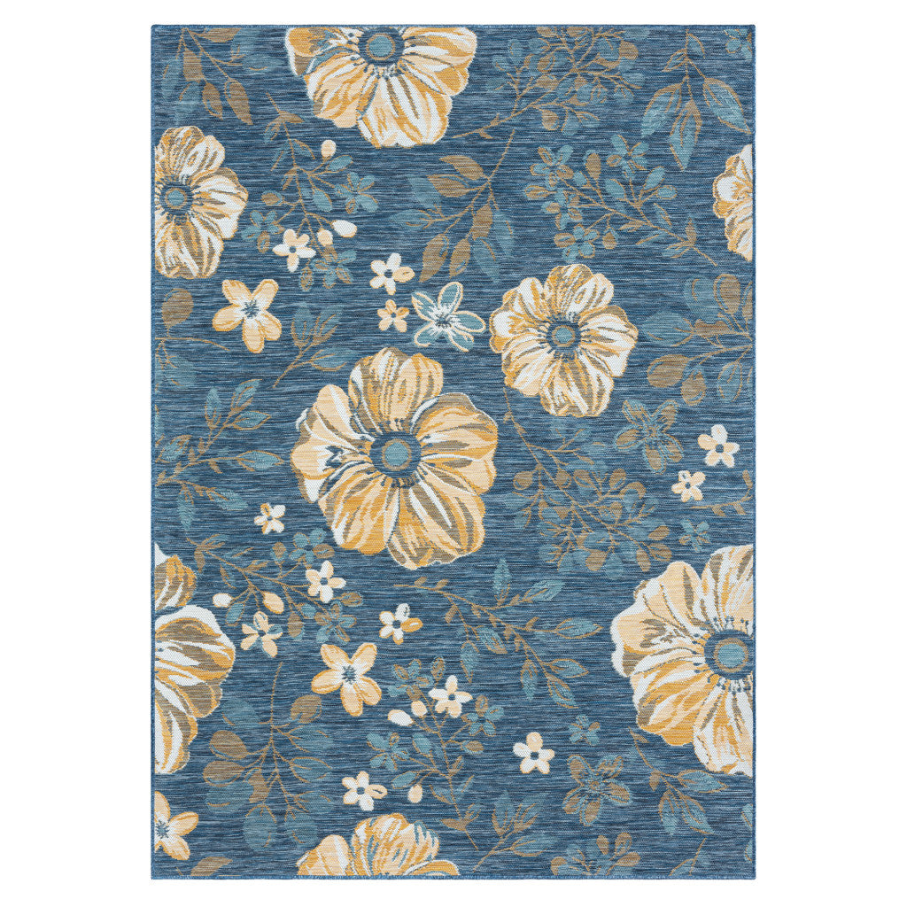 8' x 10' Blue White and Yellow Floral Stain Resistant Indoor Outdoor Area Rug