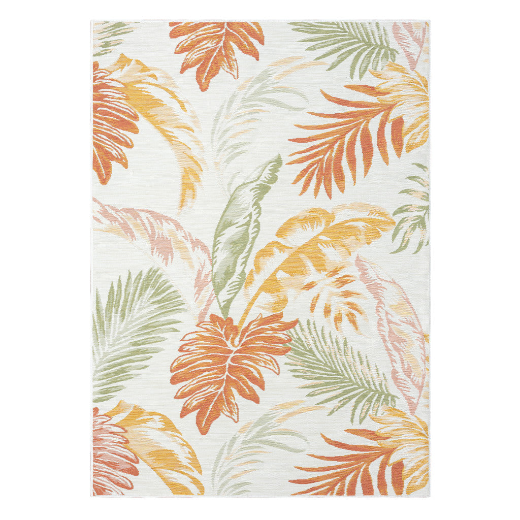 2' x 3' Ivory Green and Orange Palm Leaf Stain Resistant Indoor Outdoor Area Rug