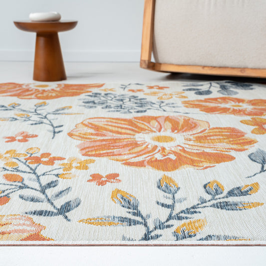 2' X 8' Ivory Orange and Blue Floral Stain Resistant Indoor Outdoor Runner Rug