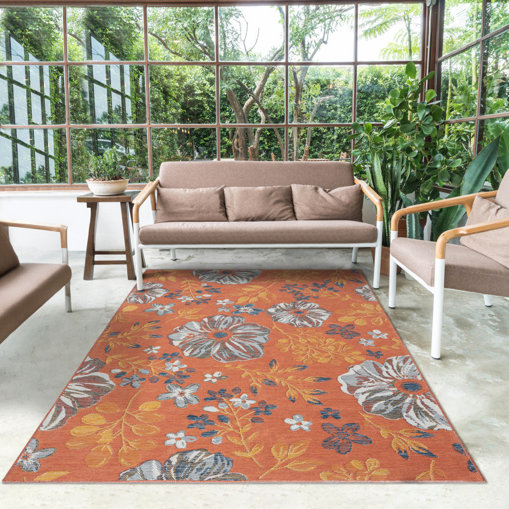 2' X 8' Ivory Orange and Blue Floral Stain Resistant Indoor Outdoor Runner Rug