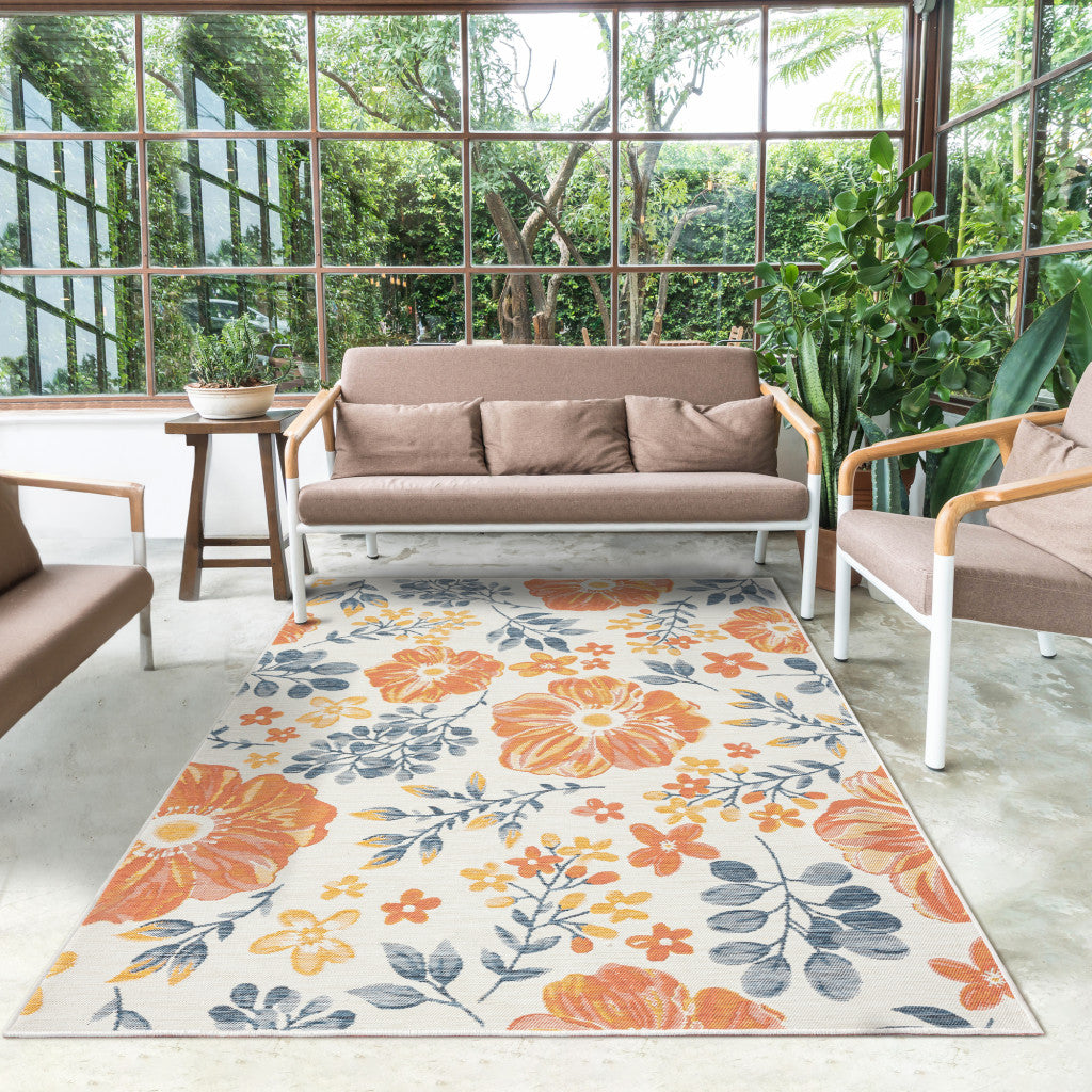 2' X 8' Ivory Orange and Blue Floral Stain Resistant Indoor Outdoor Runner Rug