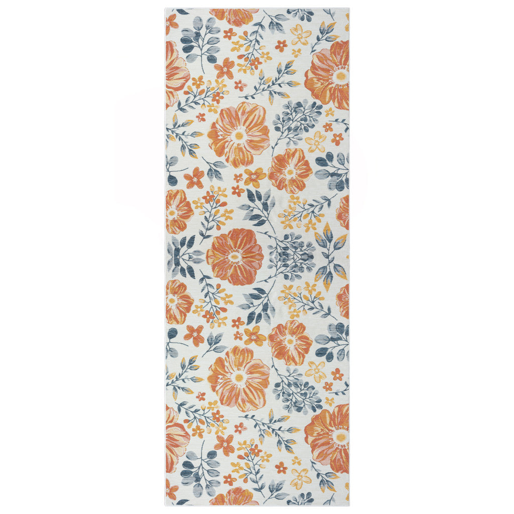 2' X 8' Ivory Orange and Blue Floral Stain Resistant Indoor Outdoor Runner Rug