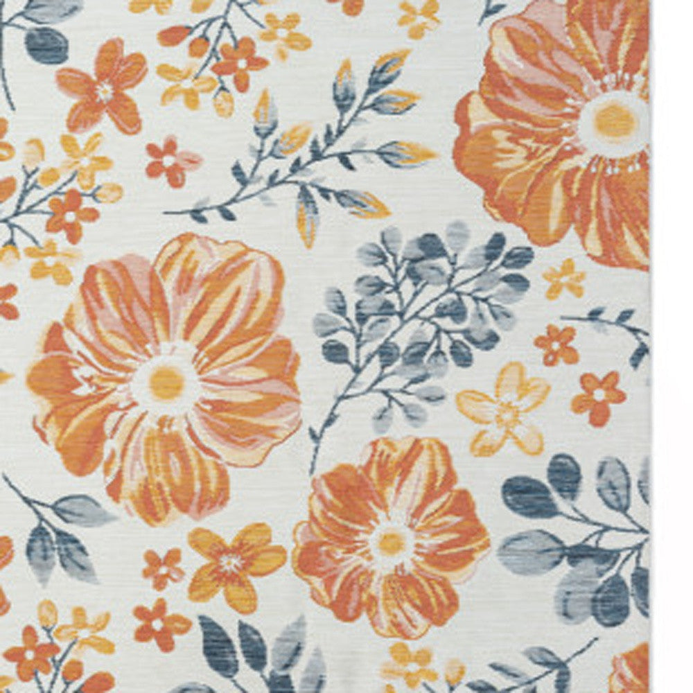 2' X 8' Ivory Orange and Blue Floral Stain Resistant Indoor Outdoor Runner Rug