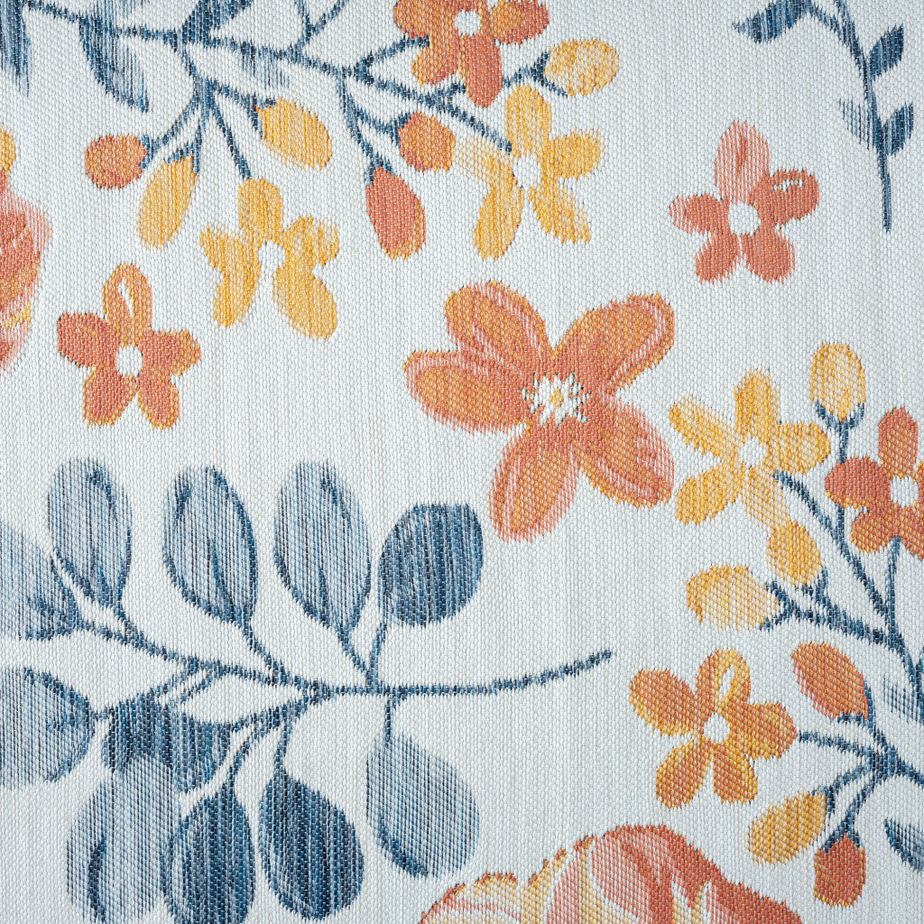 2' X 8' Ivory Orange and Blue Floral Stain Resistant Indoor Outdoor Runner Rug